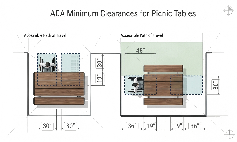 ADA minimum clearances for accessible picnic tables showing wheelchair seating spaces, 30-inch by 48-inch clear floor space, and accessible routes of travel.